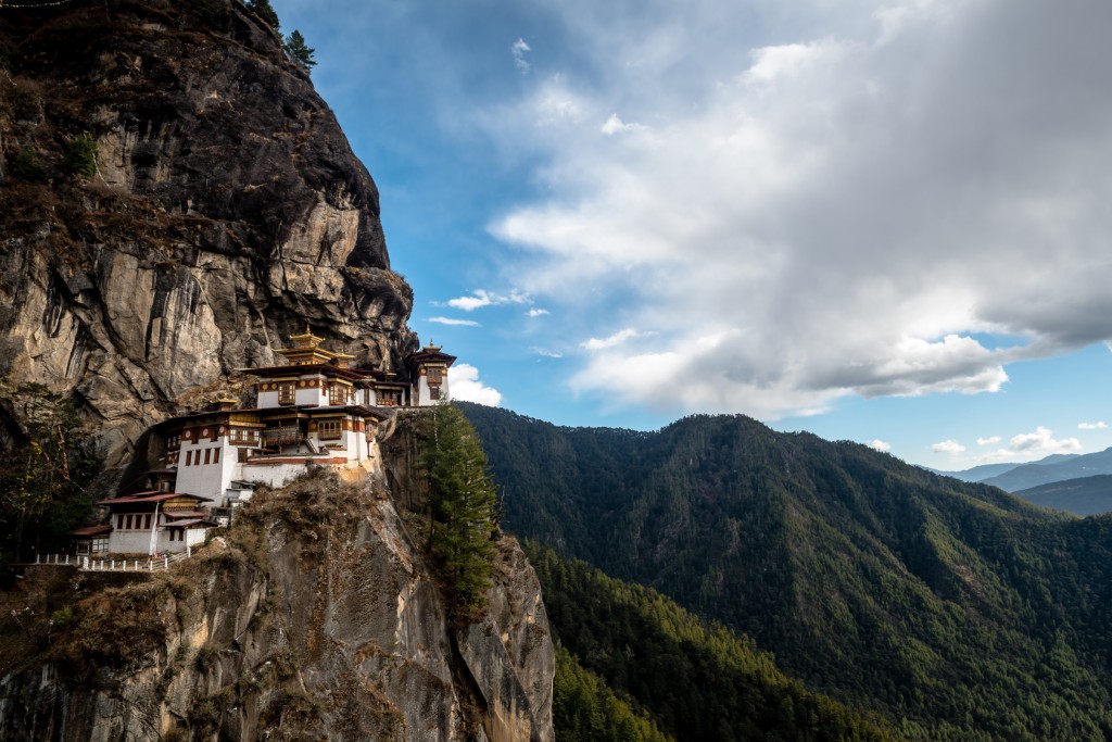 Tiger's nest monastery or Taktsang Monastery is a Buddhist temple complex which clings to a cliff, 3120 meters above the sea level on the side of the upper Paro valley, Bhutan.